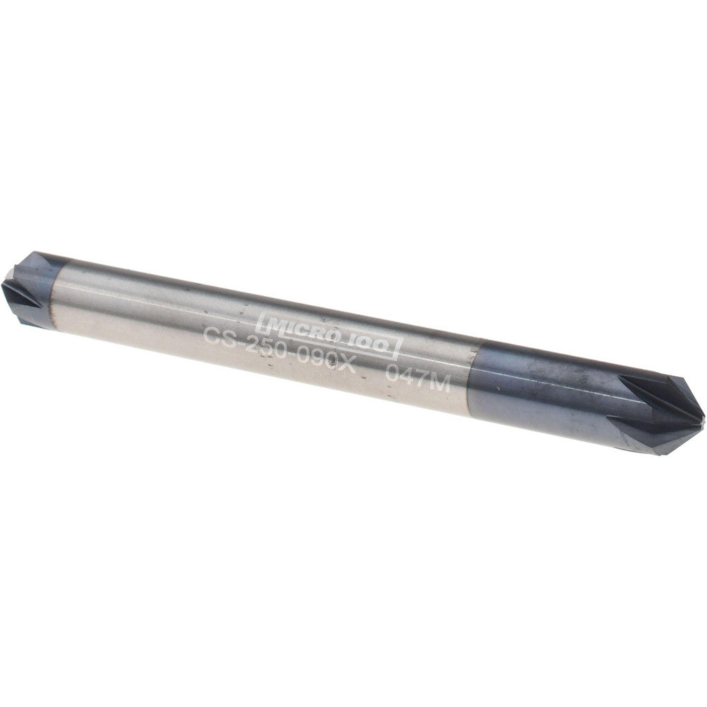 Micro 100 CS-250-090X Chamfer Mill: 1/4" Dia, 1/4" Shank Dia, 90 deg, 6 Flute, Solid Carbide, Double End