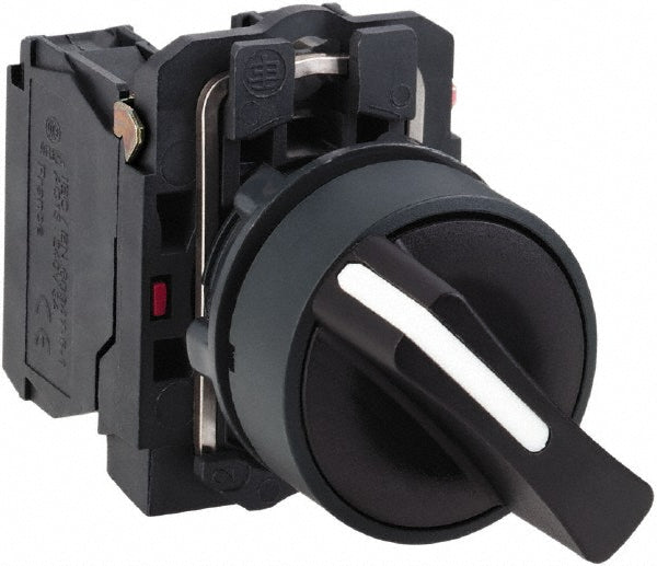 Schneider Electric XB5AD53 Selector Switch with Contact Blocks: 3 Positions, Momentary (MO), Black Handle