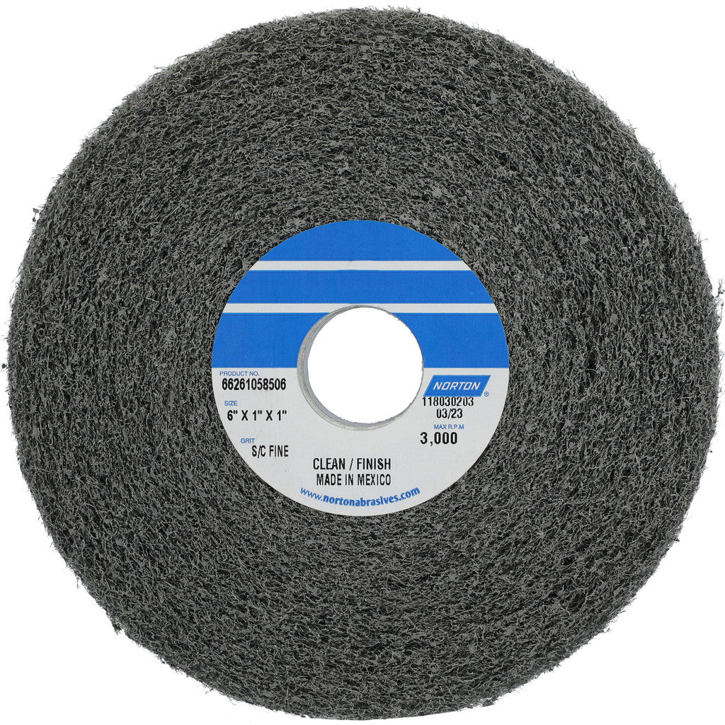 Norton 66261058506 Deburring Wheel: 6" Dia, 1" Face Width, 1" Hole, 4 Density, Silicon Carbide