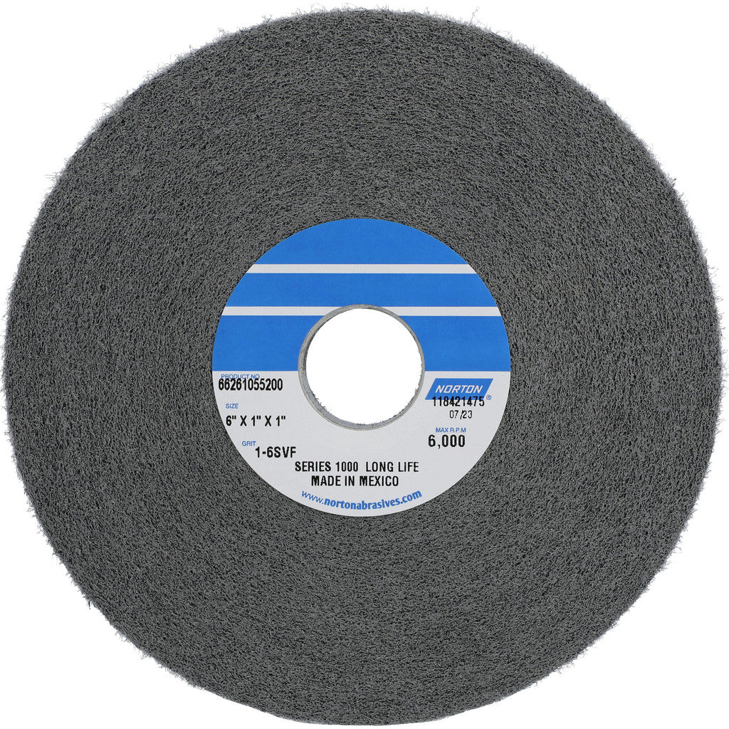 Norton 66261055200 Deburring Wheel: 6" Dia, 1" Face Width, 1" Hole, 6 Density, Silicon Carbide