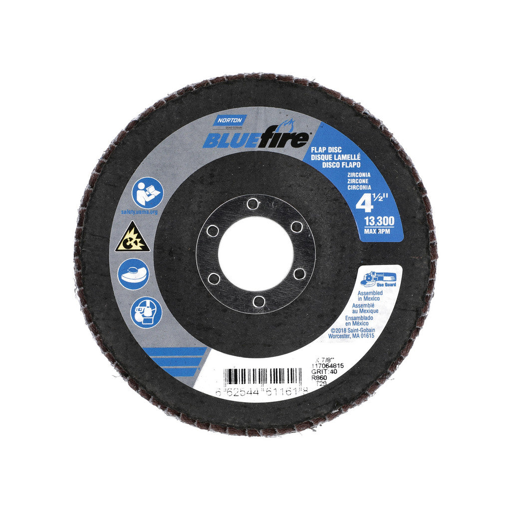 Norton 66254461161 Flap Disc: 4-1/2" Dia, 7/8" Hole, Zirconia Alumina, Type 29 (Pack of 10)