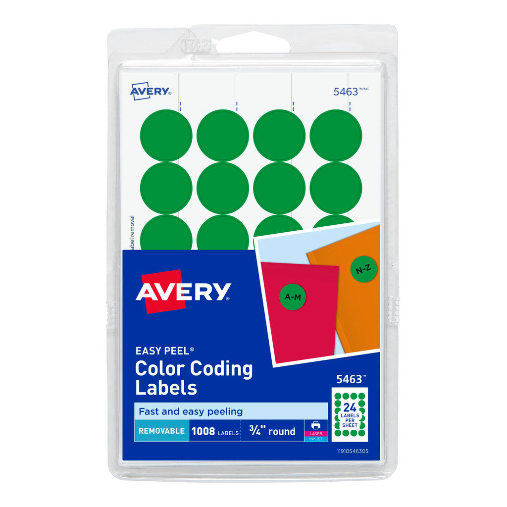 AVERY 5463 Label Maker Label: Green, Paper, 3/4" OAL, 3/4" OAW, 1,008 per Roll