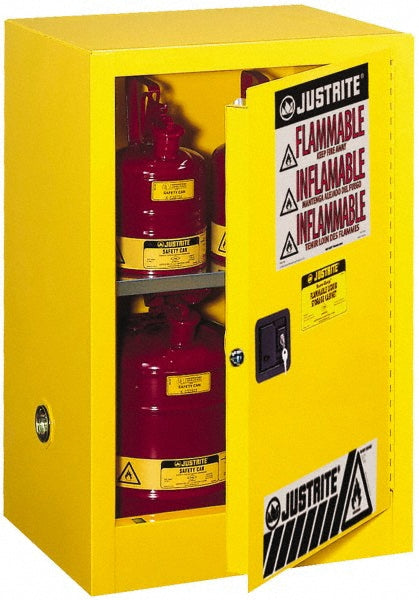Justrite 891200 Space Saver Cabinet: Manual Closing, 1 Shelf, Yellow