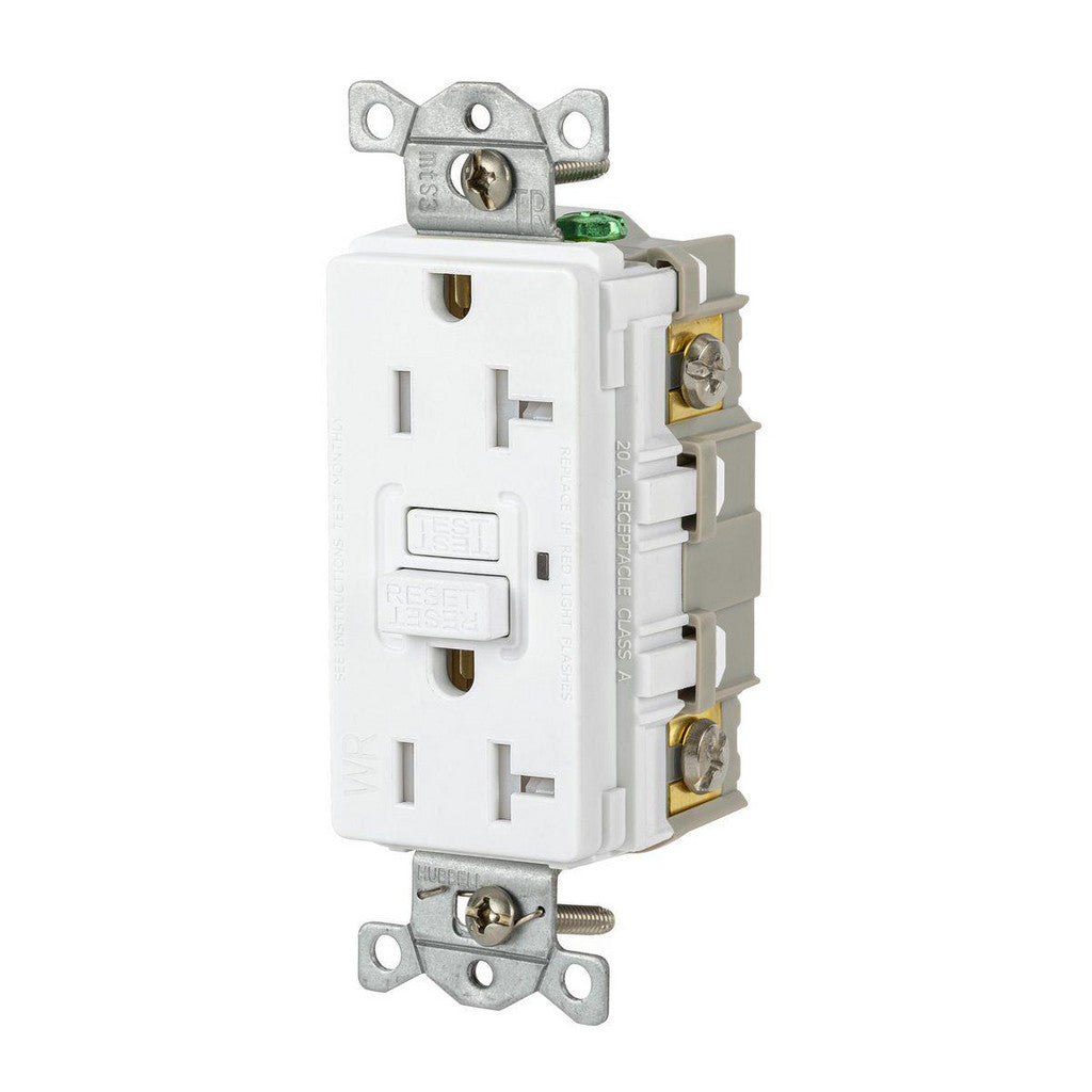 Hubbell Wiring Device-Kellems GFRTW20W GFCI Receptacles; Grade: Commercial; Receptacle Type: Duplex; NEMA Configuration: 5-20R; Wire Connection Type: Screw Terminals; End Type: Socket; Reset Type: Manual