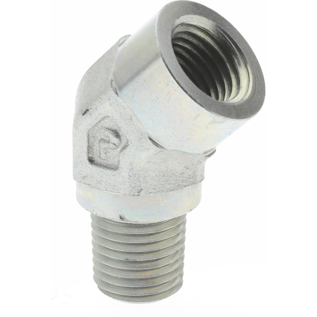 Parker 1/4 CD45-S Industrial Pipe 45° Street Elbow: 1/4" Female Thread, 1/4" Male Thread, MNPTF x FNPTF