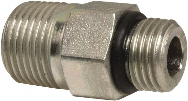Parker 6-3/8 F5OF-S Industrial Pipe Adapter: 9/16-18 x 3/8" Male Thread, Male Straight Thread O-Ring x Male NPTF