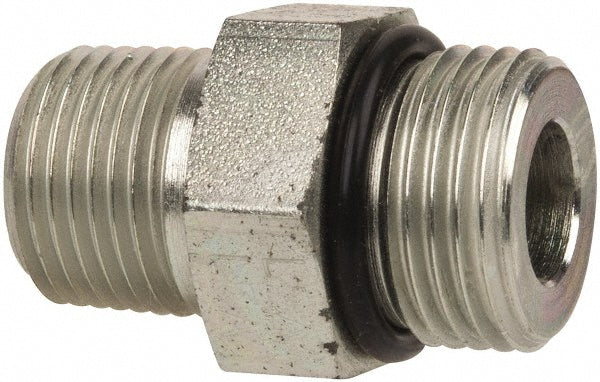 Parker 8-3/8 F5OF-S Industrial Pipe Adapter: 3/4-16 x 3/8" Male Thread, Male Straight Thread O-Ring x Male NPTF