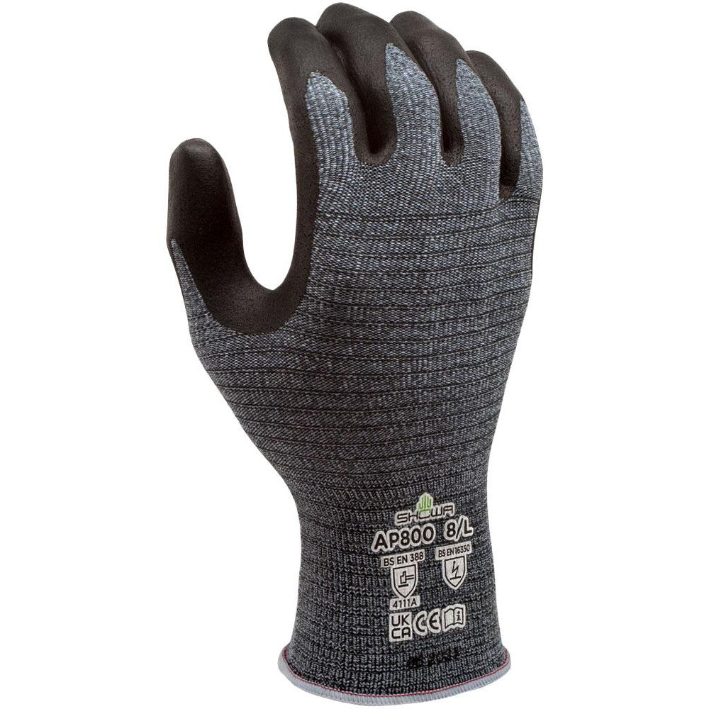 SHOWA AP800XL-09 Electrical Protection Gloves & Leather Protectors; Primary Material: Synthetic; Coating Material: Micro-Foam Nitrile; Coating Coverage: Palm & Fingertips; Lining Material: Seamless Knit with Microfiber and Conductive Yarn