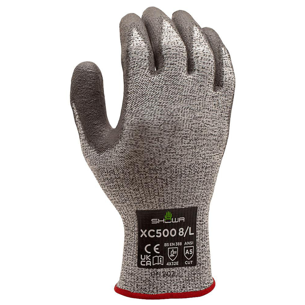 SHOWA XC500L-08 Cut & Puncture Resistant Gloves; Style: Knit; Coating Material: Polyurethane; Coating Coverage: Palm & Fingertips; Glove Type: Cut & Abrasion-Resistant; ANSI/ISEA Cut Resistance Level: A5; Primary Material: HPPE; Stainless Steel