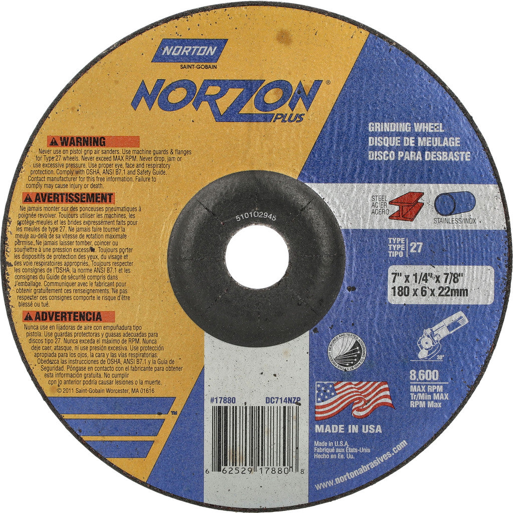 Norton 66252917880 Depressed-Center Wheel: Type 27, 7" Dia, 1/4" Thick, 7/8" Hole, Ceramic Alumina