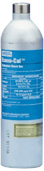 MSA 10048280 Calibration Gas & Equipment; Gas Contents: CH4 - 1.45%; Carbon Monoxide - 60 ppm; Hydrogen Sulfide - 20 ppm; Oxygen - 15%; Cylinder Capacity: 34.0; Volume Capacity (L): 34.0; Detector Trade Name: Altair 4X