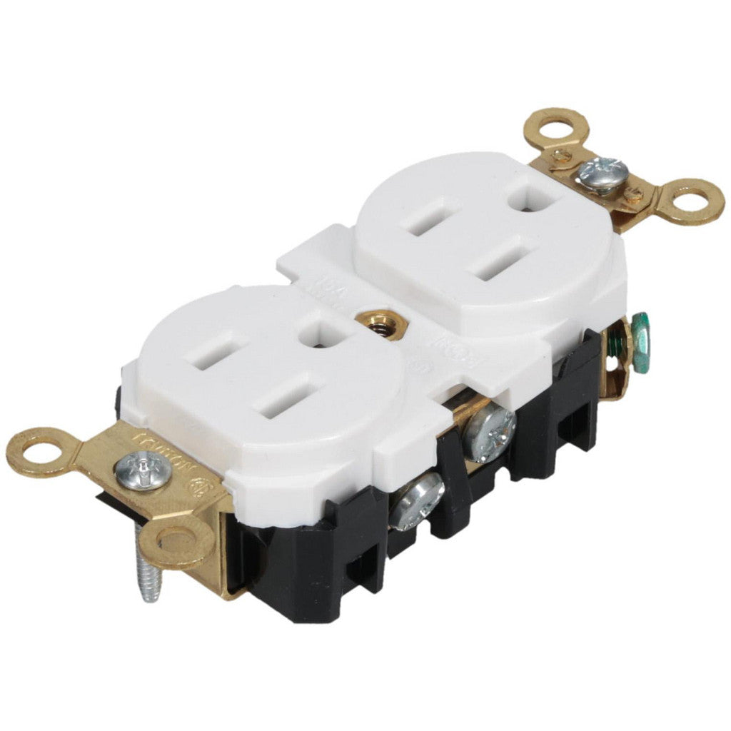 Leviton 5262-W Straight Blade Duplex Receptacle: NEMA 5-15R, 15 Amps, Self-Grounding
