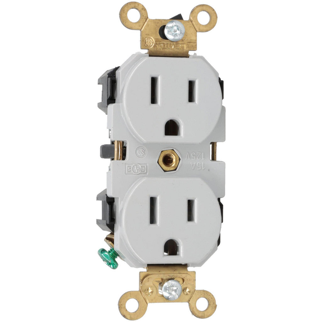 Leviton 5262-GY Straight Blade Duplex Receptacle: NEMA 5-15R, 15 Amps, Self-Grounding