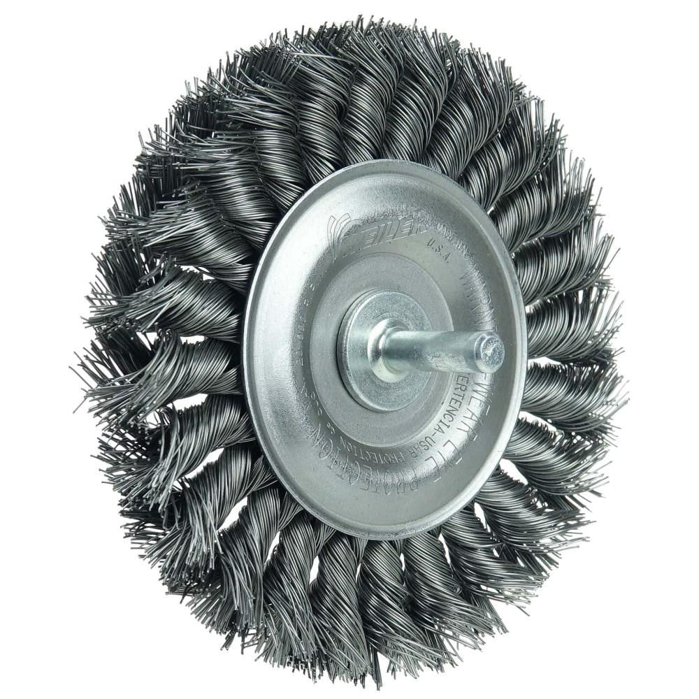 Weiler 17689 Wheel Brush: 4" Wheel Dia, 1/2" Face Width, 0.0200" Wire Dia, Knotted