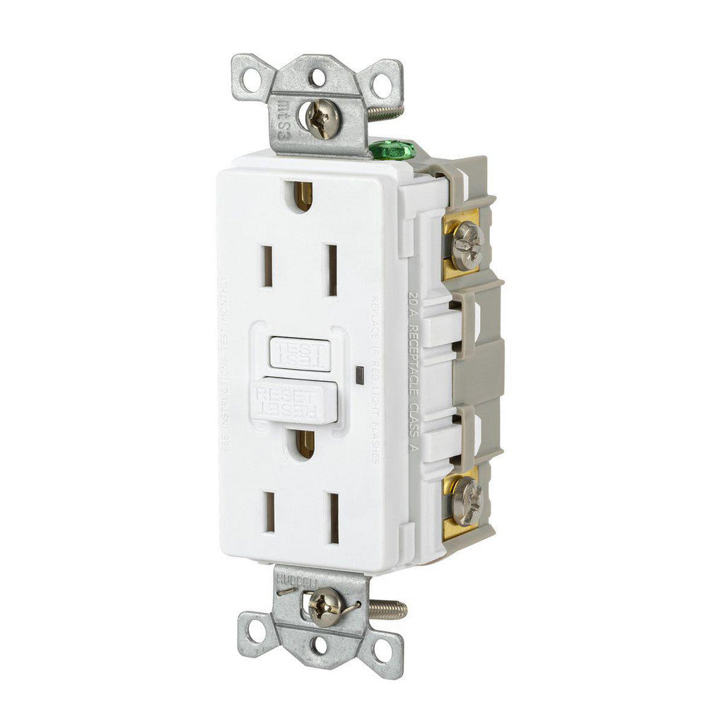 Hubbell Wiring Device-Kellems GFR15W GFCI Receptacles; Grade: Commercial; Receptacle Type: Duplex; NEMA Configuration: 5-15R; Wire Connection Type: Screw Terminals; End Type: Socket; Reset Type: Manual