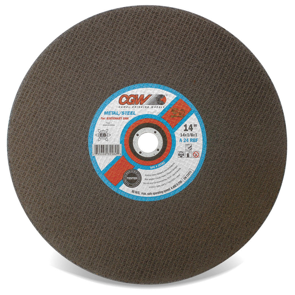 CGW Abrasives 70109 Cut-Off Wheel: Type 1 (01/41), 20 Dia, 3/16" Thick, 1" Hole, Aluminum Oxide