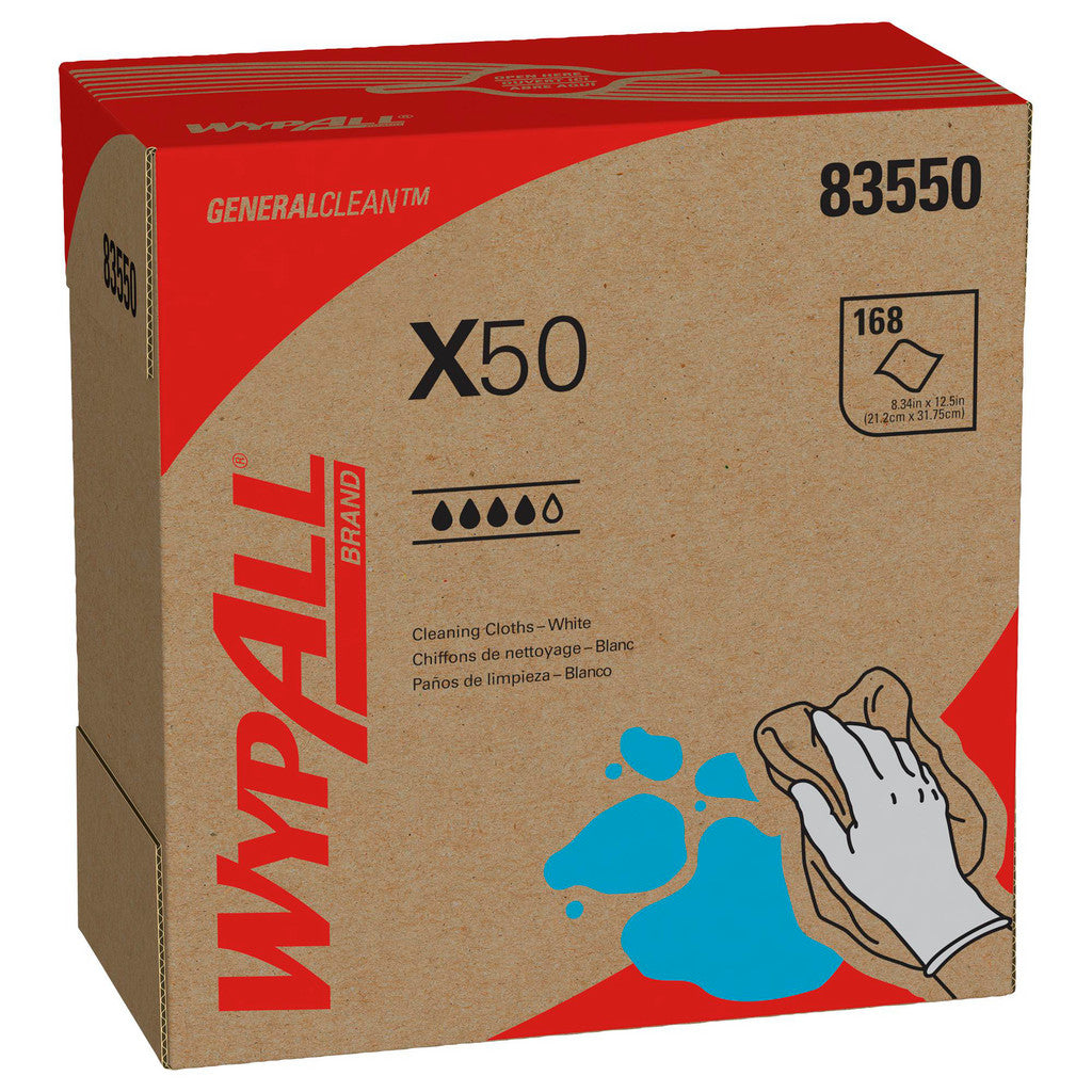 WypAll GeneralClean x50 Cleaning Cloths (83550), Pop-Up Box, Strong for Extended Use, White