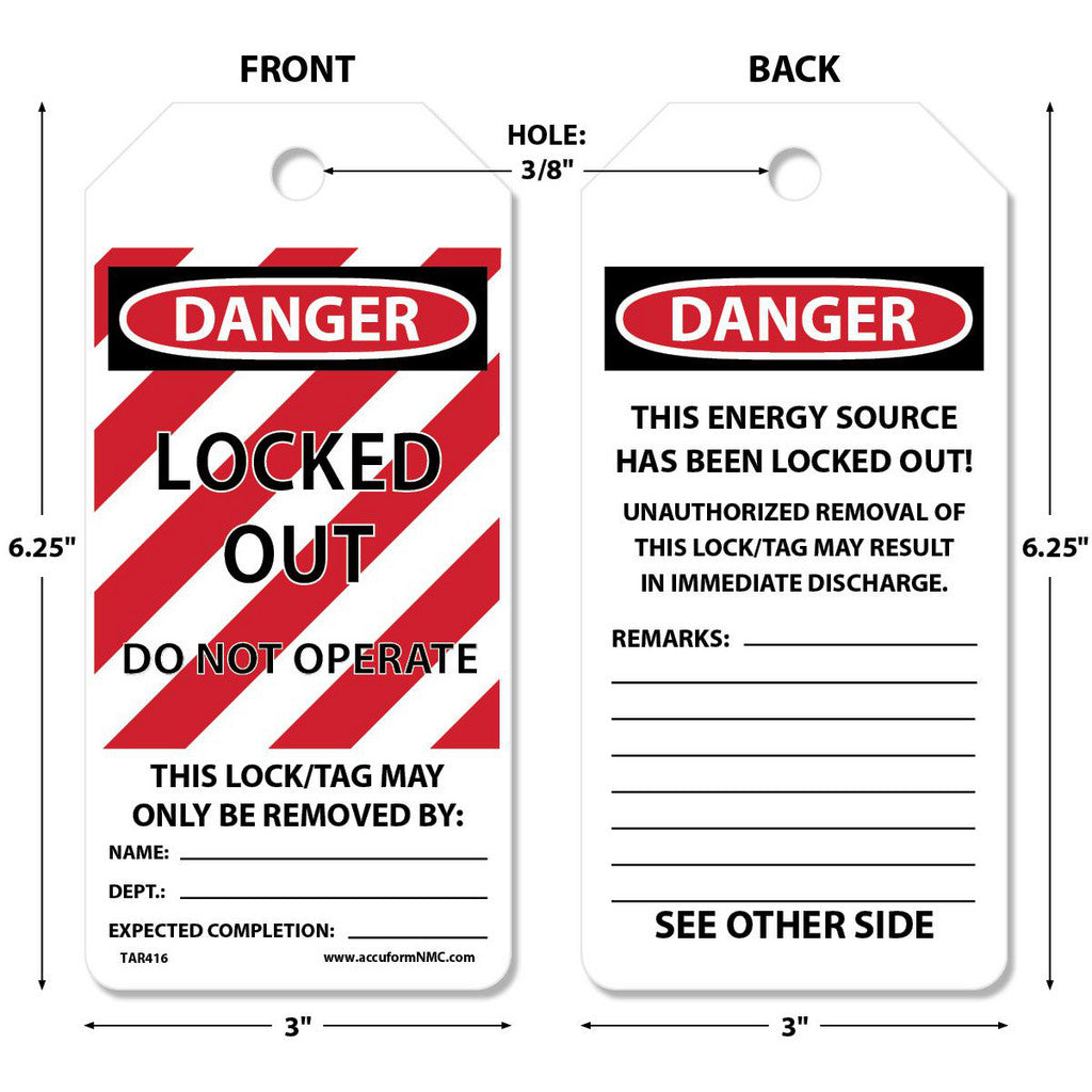 AccuformNMC TAR416 Lockout Tag: Rectangle, 6-1/4" High, Synthetic Paper, "DANGER"