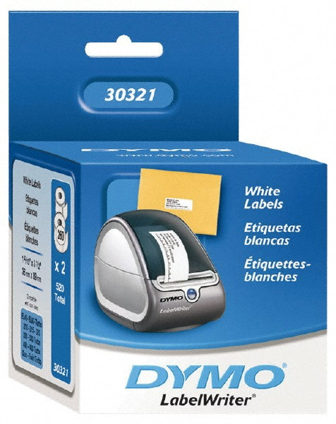 Dymo 30321 Label Maker Label: White, Die Cut Paper with Semi Perm Adhesive, 3-1/2" OAL, 1-1/2" OAW, 260 per Roll, 2 Roll