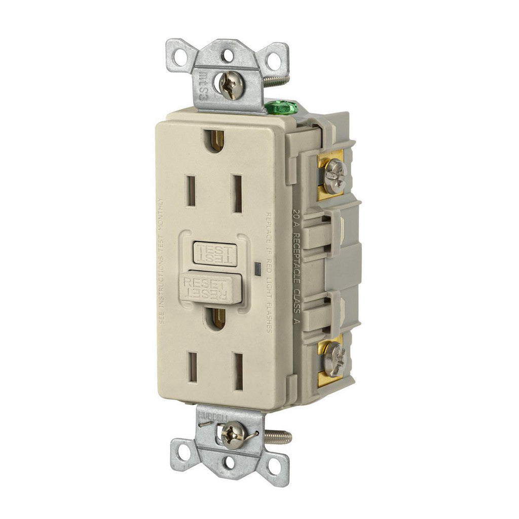 Hubbell Wiring Device-Kellems GFR15I GFCI Receptacles; Grade: Commercial; Receptacle Type: Duplex; NEMA Configuration: 5-15R; Wire Connection Type: Screw Terminals; End Type: Socket; Reset Type: Manual