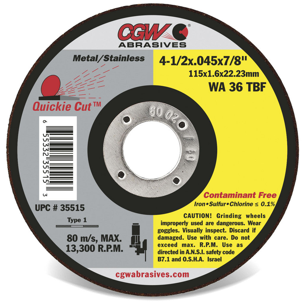 CGW Abrasives 35515 Cut-Off Wheel: Type 1 (01/41), 4-1/2 Dia, 0.0450" Thick, 7/8" Hole, Aluminum Oxide (Pack of 25)