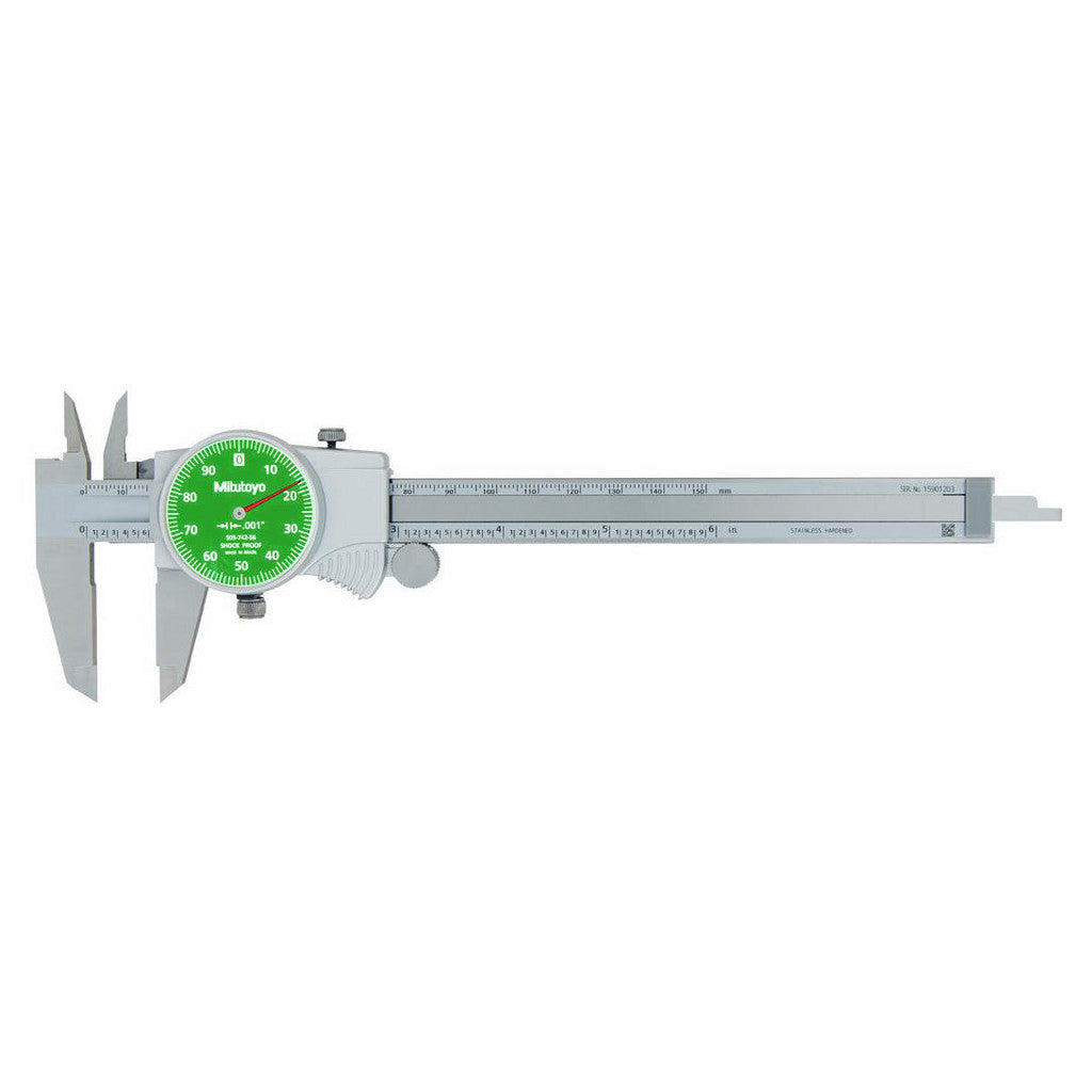 Mitutoyo 505-742-53J Dial Caliper: 6", 0.001000" Graduation, 0.1" per Revolution, 0.0010" Accuracy, Stainless Steel Jaws
