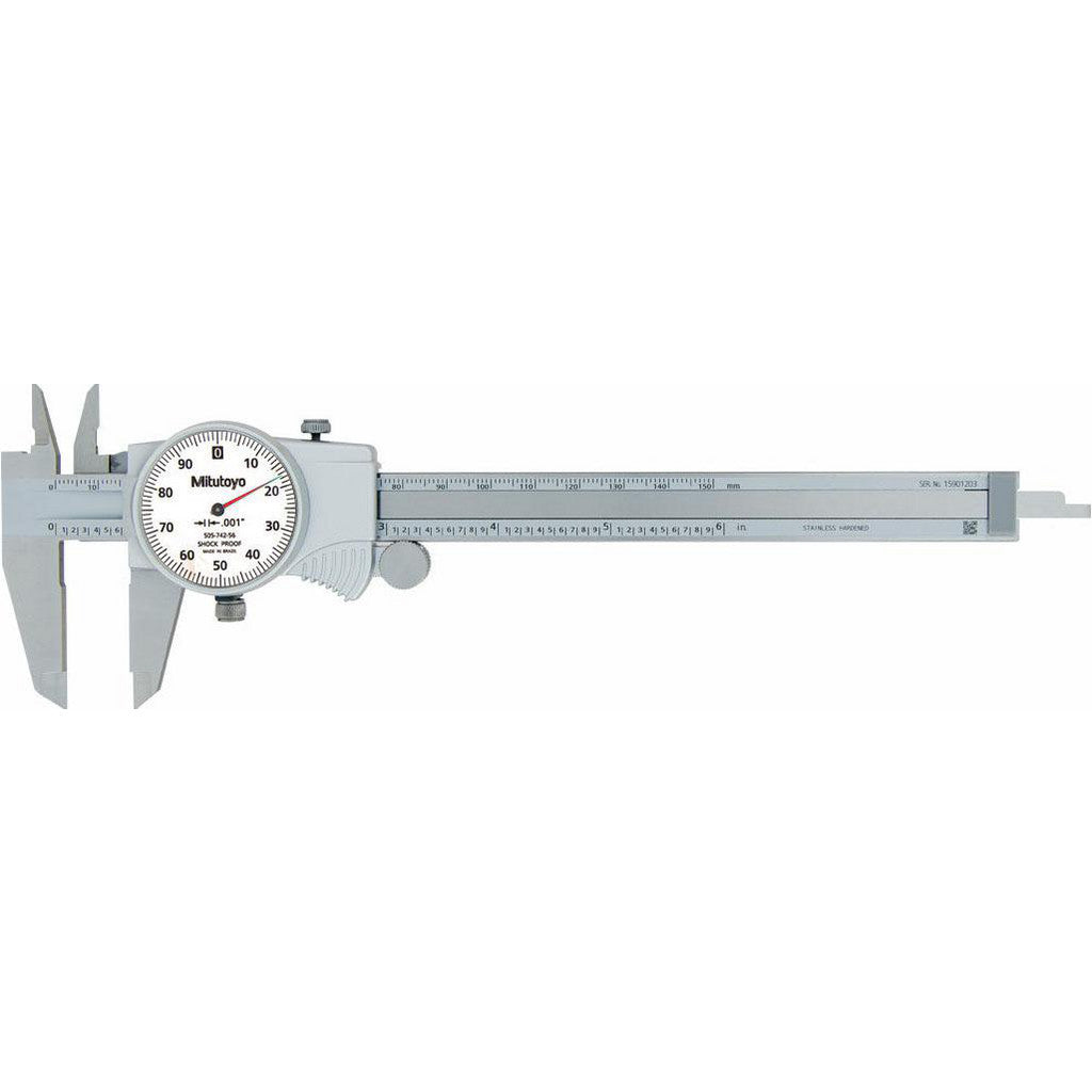 Mitutoyo 505-736 Dial Caliper: 6", 0.001000" Graduation, 0.1" per Revolution, 0.0010" Accuracy, Carbide-Tipped Jaws