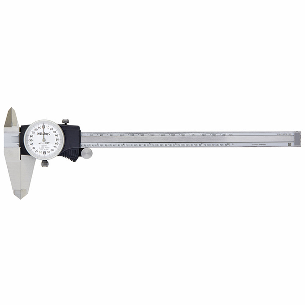 Mitutoyo 505-741J Dial Caliper: 8", 0.001000" Graduation, 0.2" per Revolution, 0.0020" Accuracy, Stainless Steel Jaws