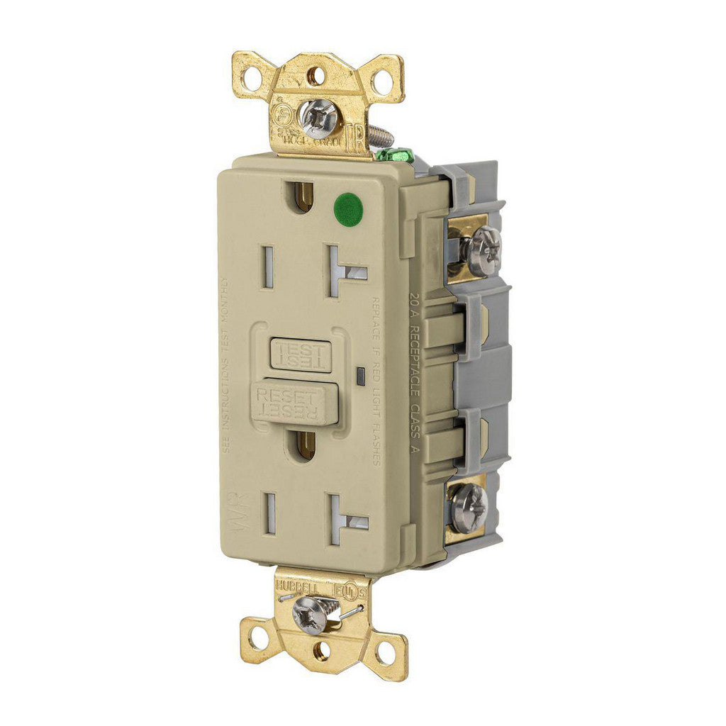 Hubbell Wiring Device-Kellems GFRTW83I GFCI Receptacles; Grade: Commercial; Hospital; Receptacle Type: Duplex; NEMA Configuration: 5-20R; Reset Type: Manual; Wiring Method: Back; Side; Body Material: Nylon