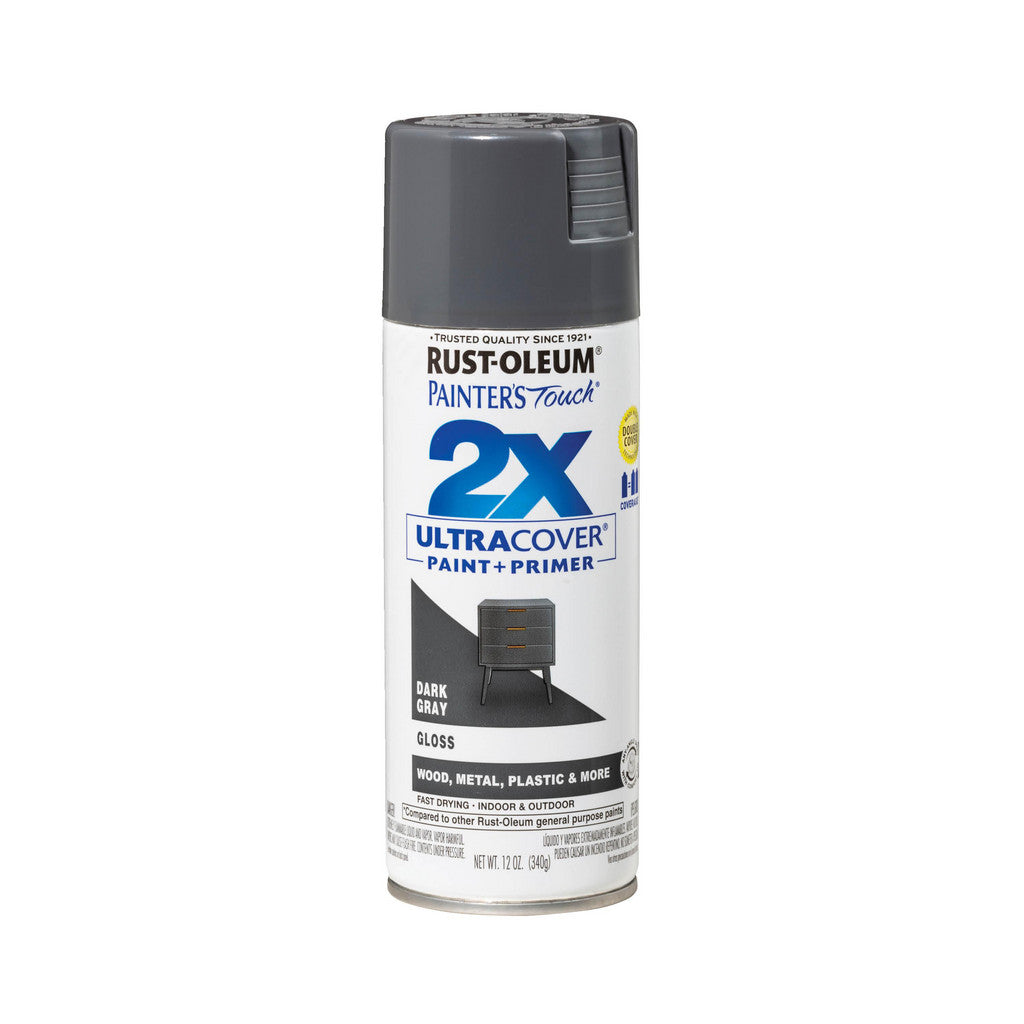Rust-Oleum 334031 Painter's Touch 2X Ultra Cover Spray Paint, Dark Gray, Gloss, 12 oz