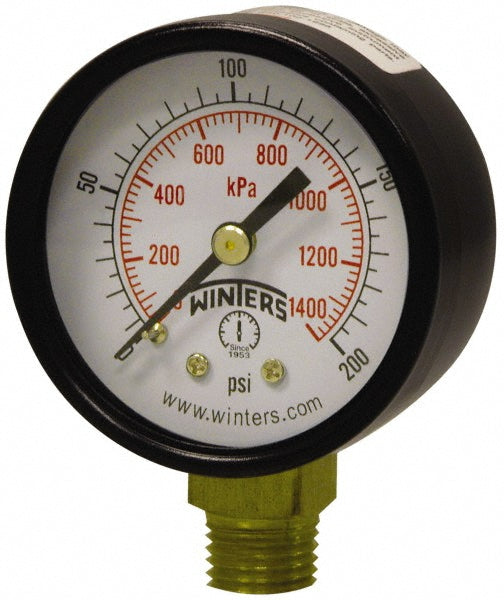 Winters PEM202 Pressure Gauge: 2" Dial, 0 to 100 psi, 1/4" Thread, NPT, Lower Mount