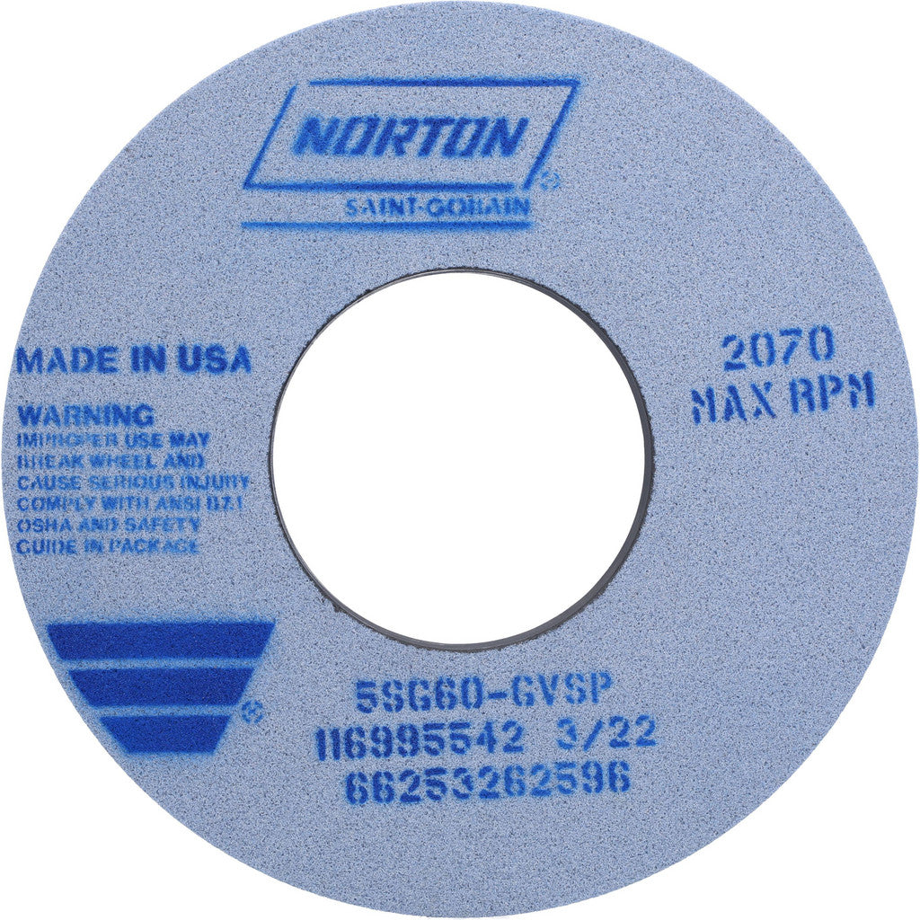 Norton 66253262596 Surface Grinding Wheel: 12" Dia, 1-1/2" Thick, 5" Arbor, 60 Grit