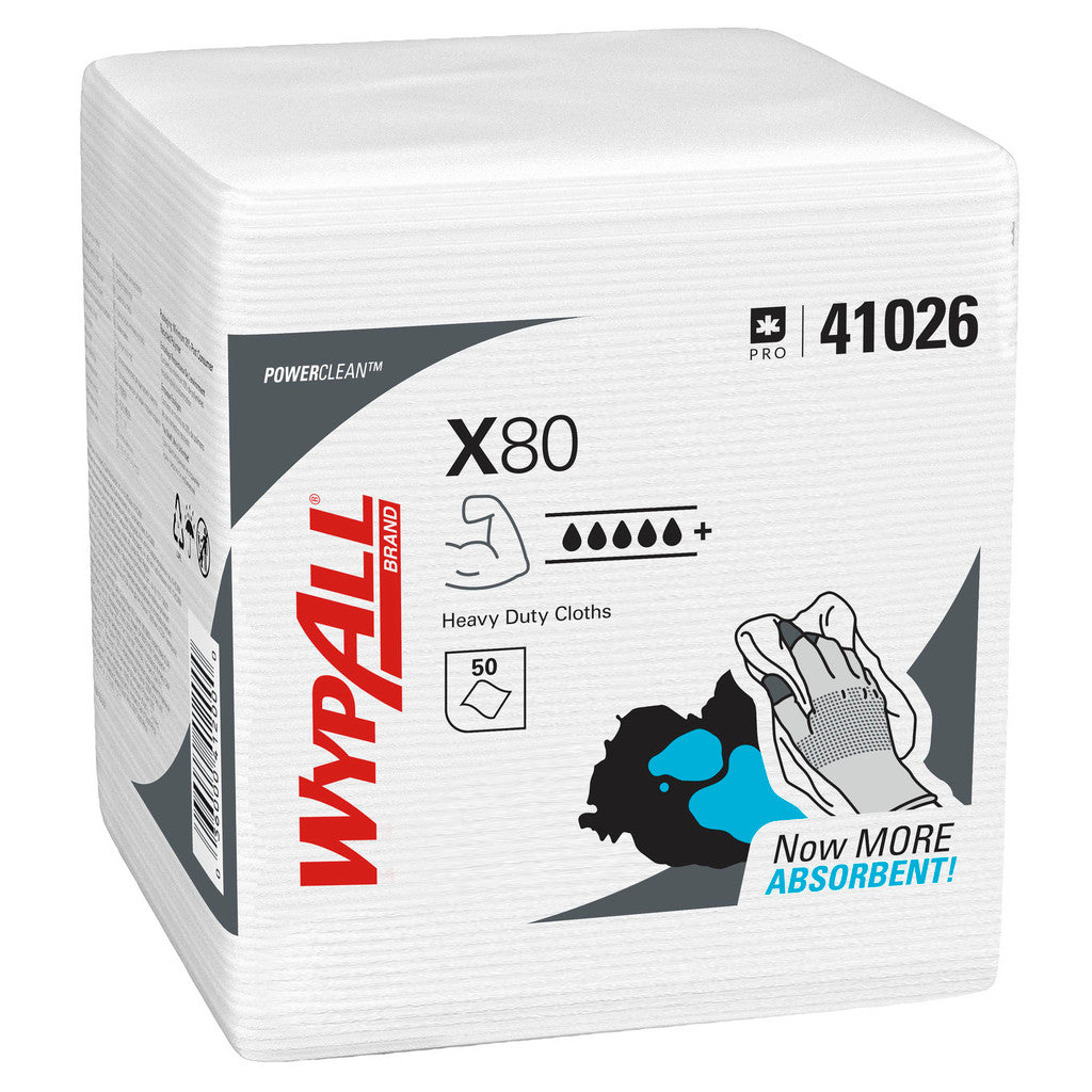 WypAll PowerClean x80 Heavy Duty Cloths (41026), Quarterfold, Extended Use Towels, White