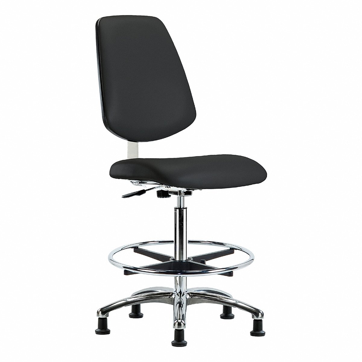 E-Com Seating Cleanroom Vinyl Chrome High-Height Chair, Medium Back, Footring, Stationary Glides, Black (BR-CLR-VHBCH-MB-CR-CF-RG-8540)