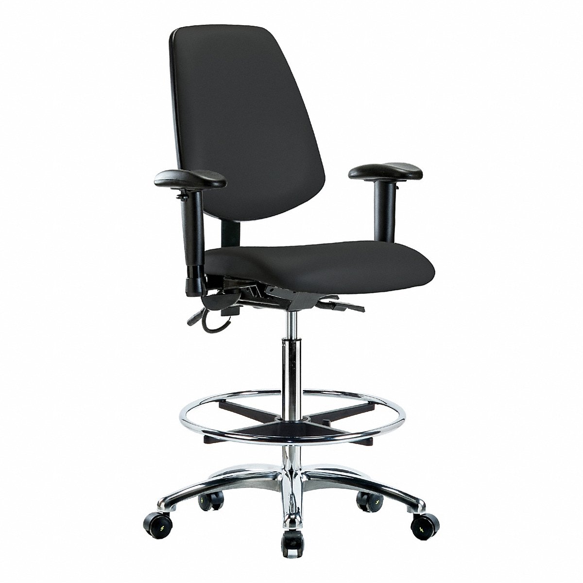 E-Com Seating ESD Vinyl High-Height Chair, Medium Back, Tilt, Adjustable Arms, Footring, Casters, Black (BR-ESD-VHBCH-MB-CR-T1-A1-CF-EC-ESDBLK)