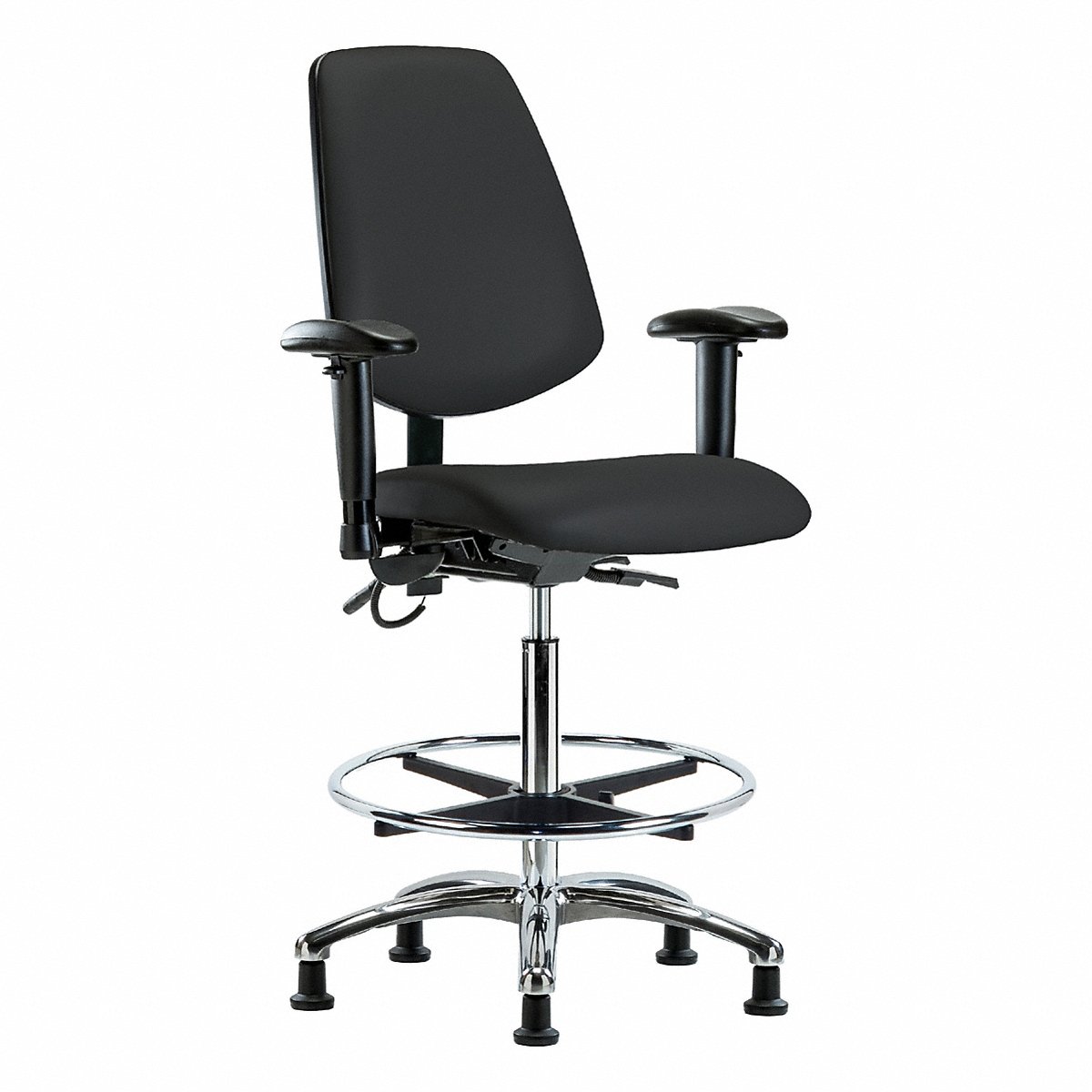 E-Com Seating ESD Vinyl High-Height Chair, Medium Back, Tilt, Adjustable Arms, Footring, Stationary Glides, Black (BR-ESD-VHBCH-MB-CR-T1-A1-CF-EG-ESDBLK)
