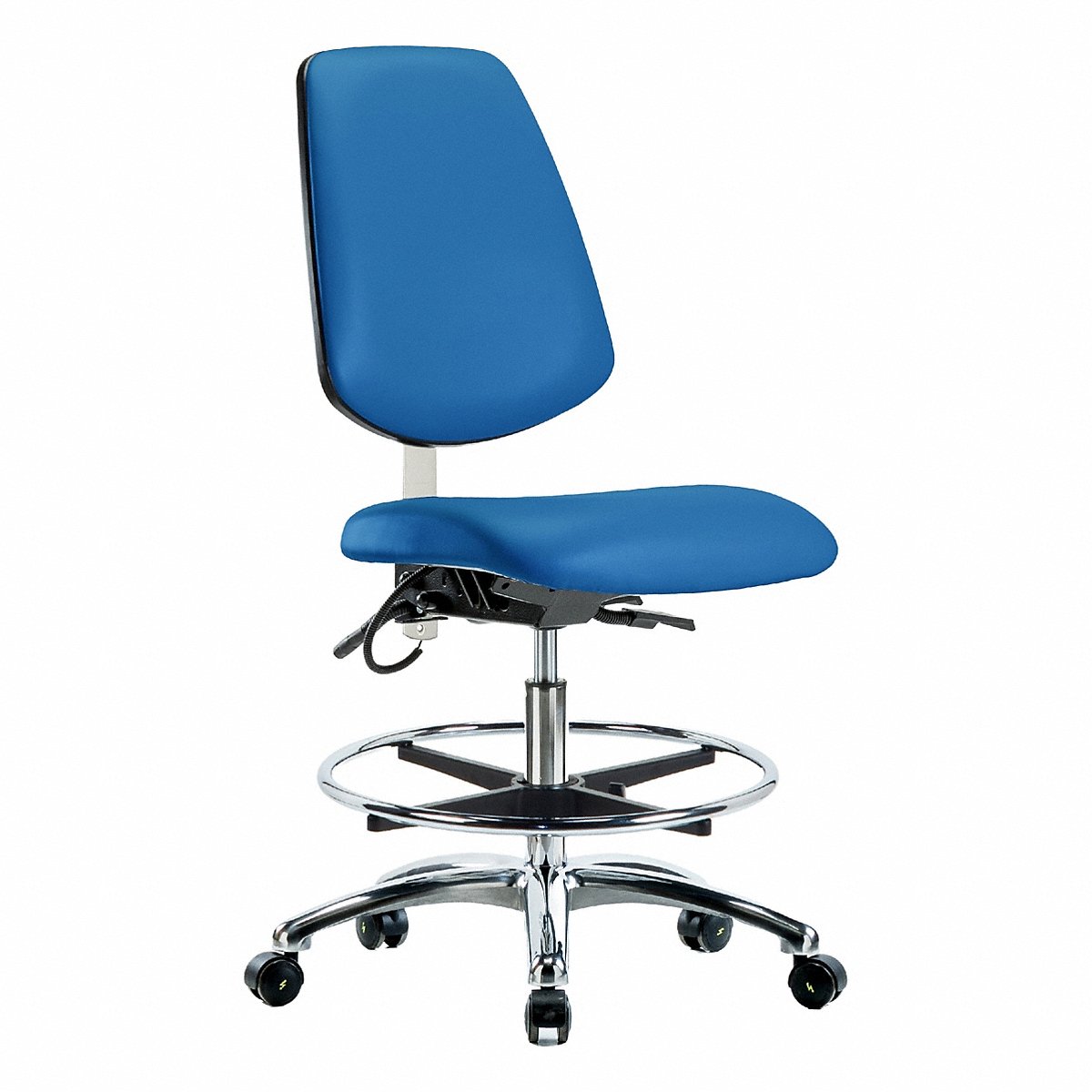 E-Com Seating ESD Vinyl Medium-Height Chair, Medium Back, Tilt, Footring, Casters, Blue (BR-ESD-VMBCH-MB-CR-T1-A0-CF-EC-ESDBLU)