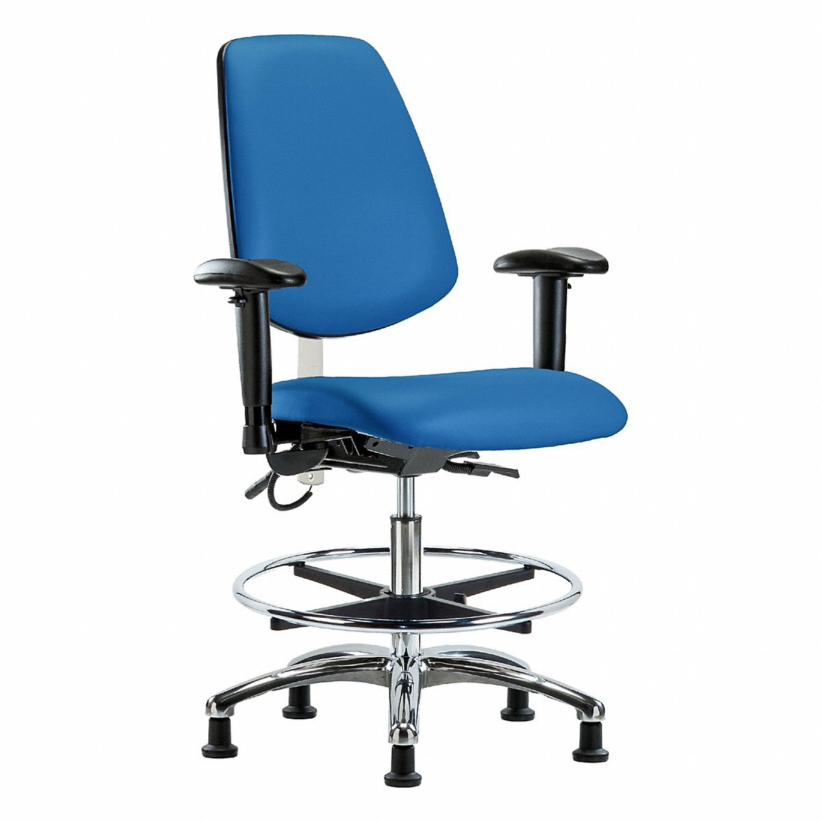 E-Com Seating ESD Vinyl Medium-Height Chair, Medium Back, Tilt, Adjustable Arms, Footring, Stationary Glides, Blue (BR-ESD-VMBCH-MB-CR-T1-A1-CF-EG-ESDBLU)