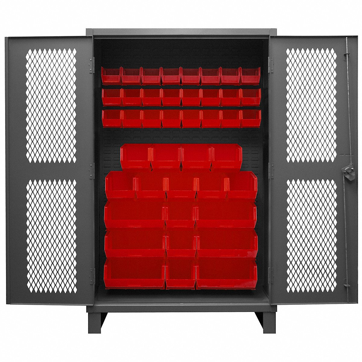 Durham Mfg. Heavy-Duty Bin Cabinet | 48"W x 24"D x 78"H | Gray with 42 Red Bins (HDCV48-42B-1795)