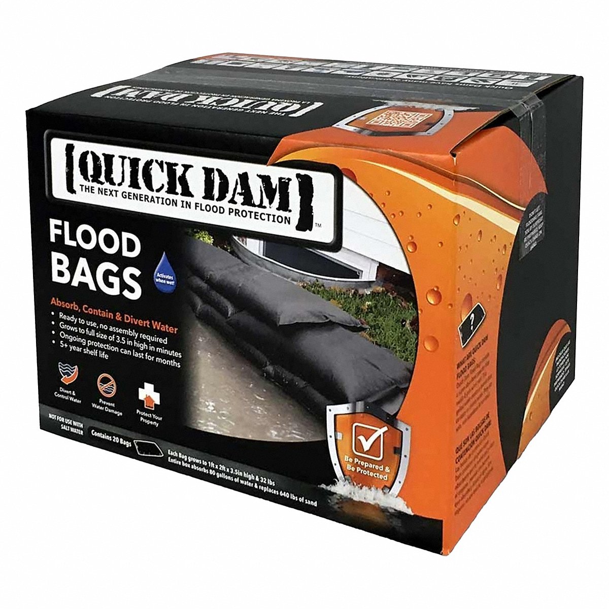 Quick Dam Flood Protection Water-Activated Bags, 3.5 in Height x 2 ft Length, Pack of 20 (QD1224-20)