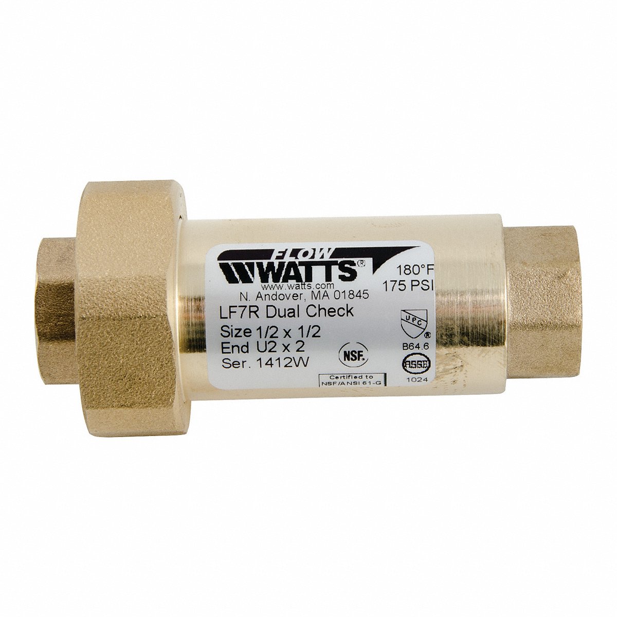 Watts Dual Check Valve, Copper Alloy, 1/2", Fnpt, 2" (LF7RU2-2)